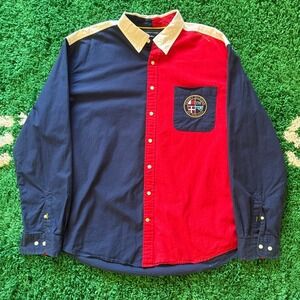 Tommy Hilfiger Colorblock Button Down Shirt XXL Red Blue Beige Mens Long Sleeve